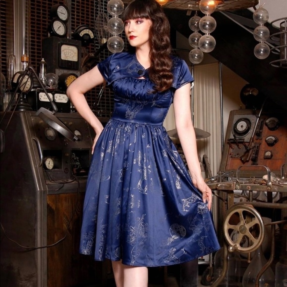 Elegant Blue Satin Pinup Dress With Reversible Bolero